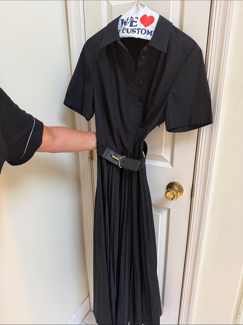 Tory Burch Black Short-Sleeve Pleated Midi Shirt Dress